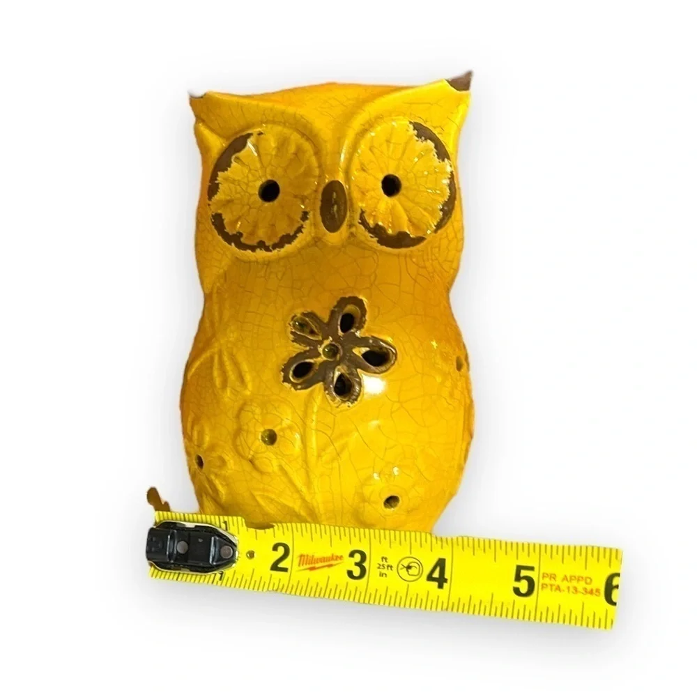 Ceramic Mustard Yellow Owl Floral Relief Luminary with LED Lights Home Decor